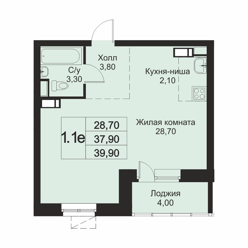 1 комн. квартира, 39.9 м², 5 этаж 