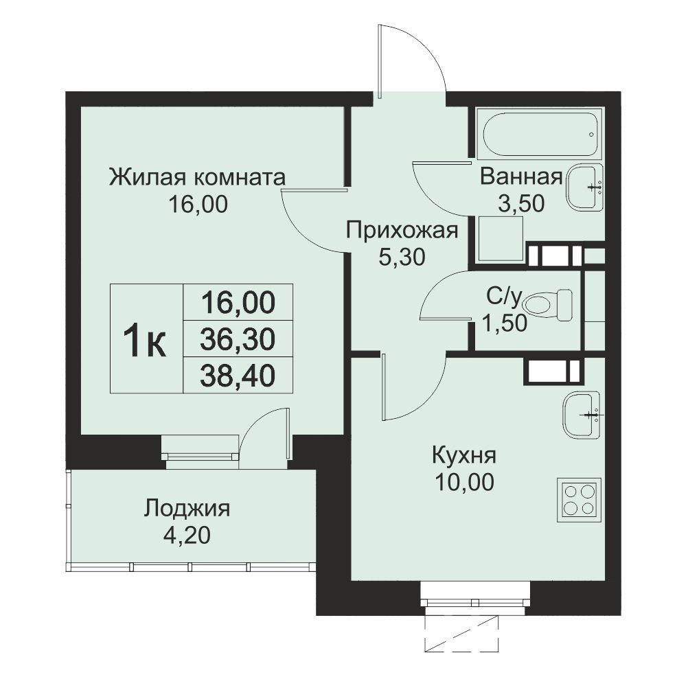 1 комн. квартира, 38.4 м², 6 этаж 