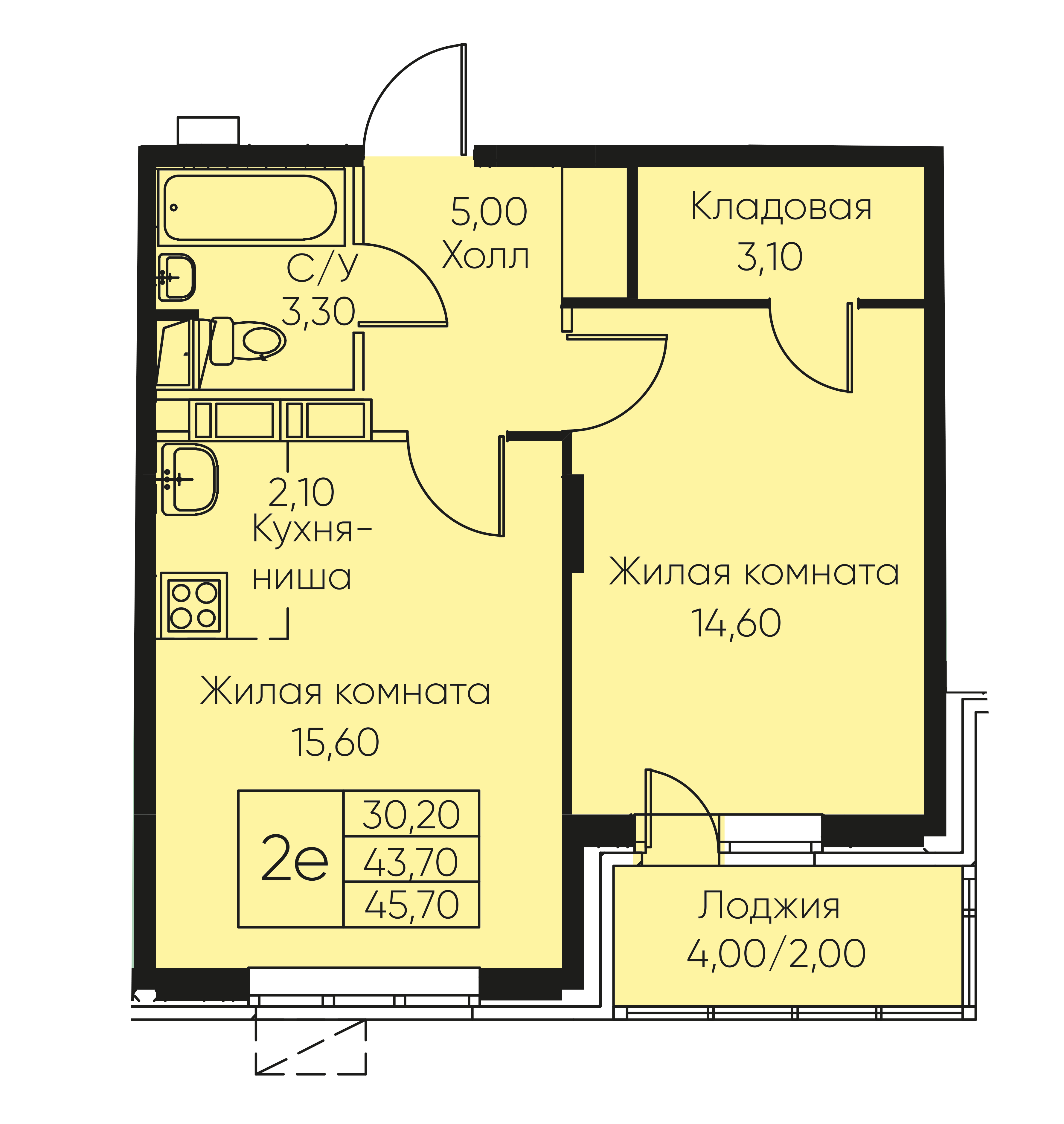 2 комн. квартира, 45.7 м², 2 этаж 