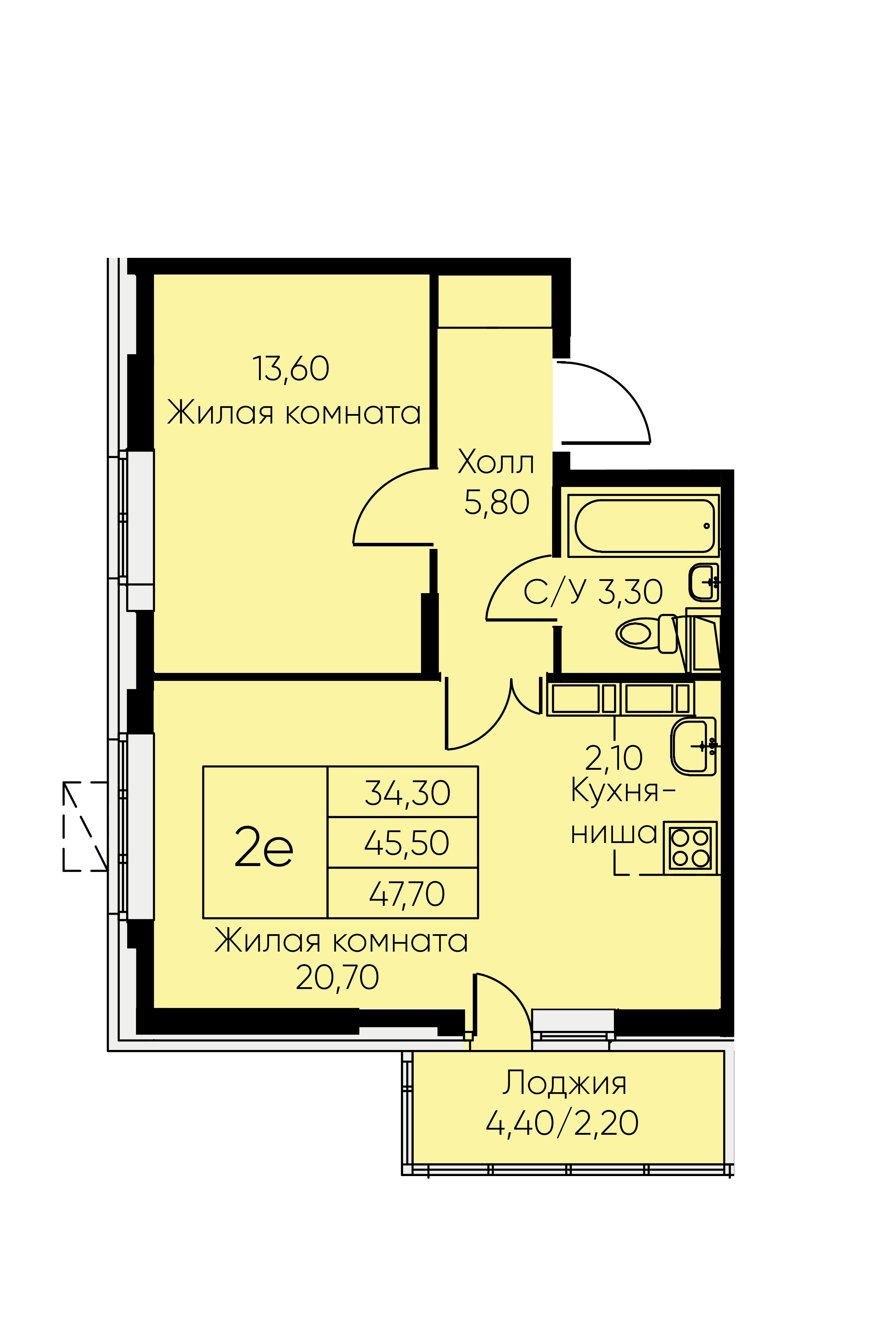 2 комн. квартира, 47.7 м², 3 этаж 