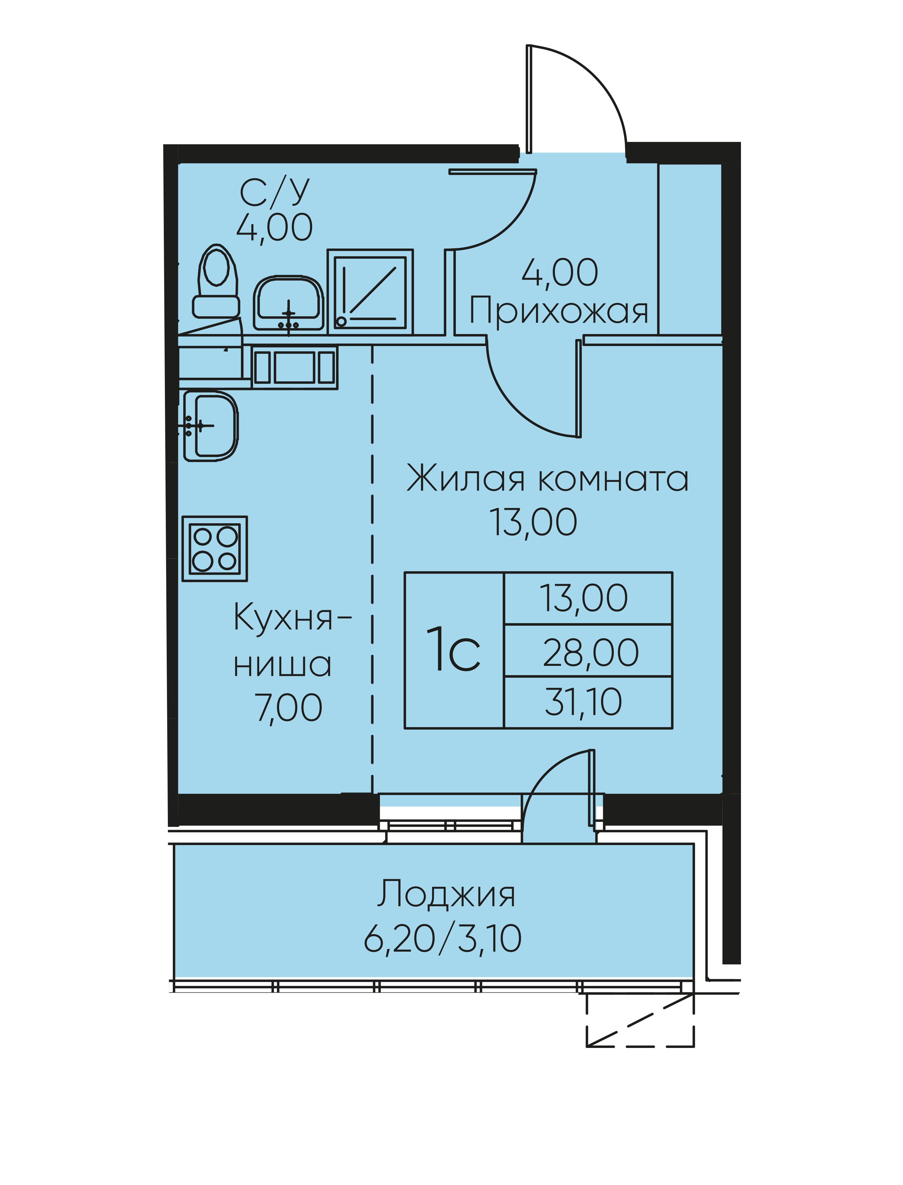 студия, 31.1 м², 6 этаж 