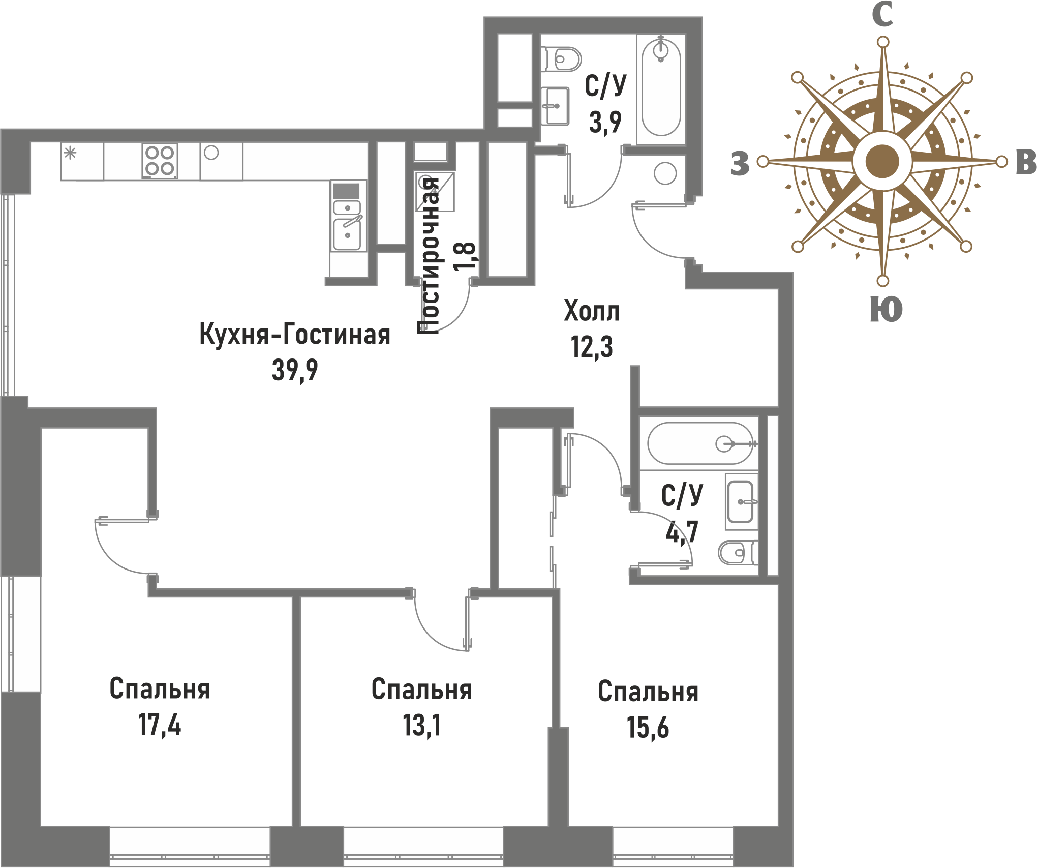 4 комн. квартира, 108.7 м², 12 этаж 
