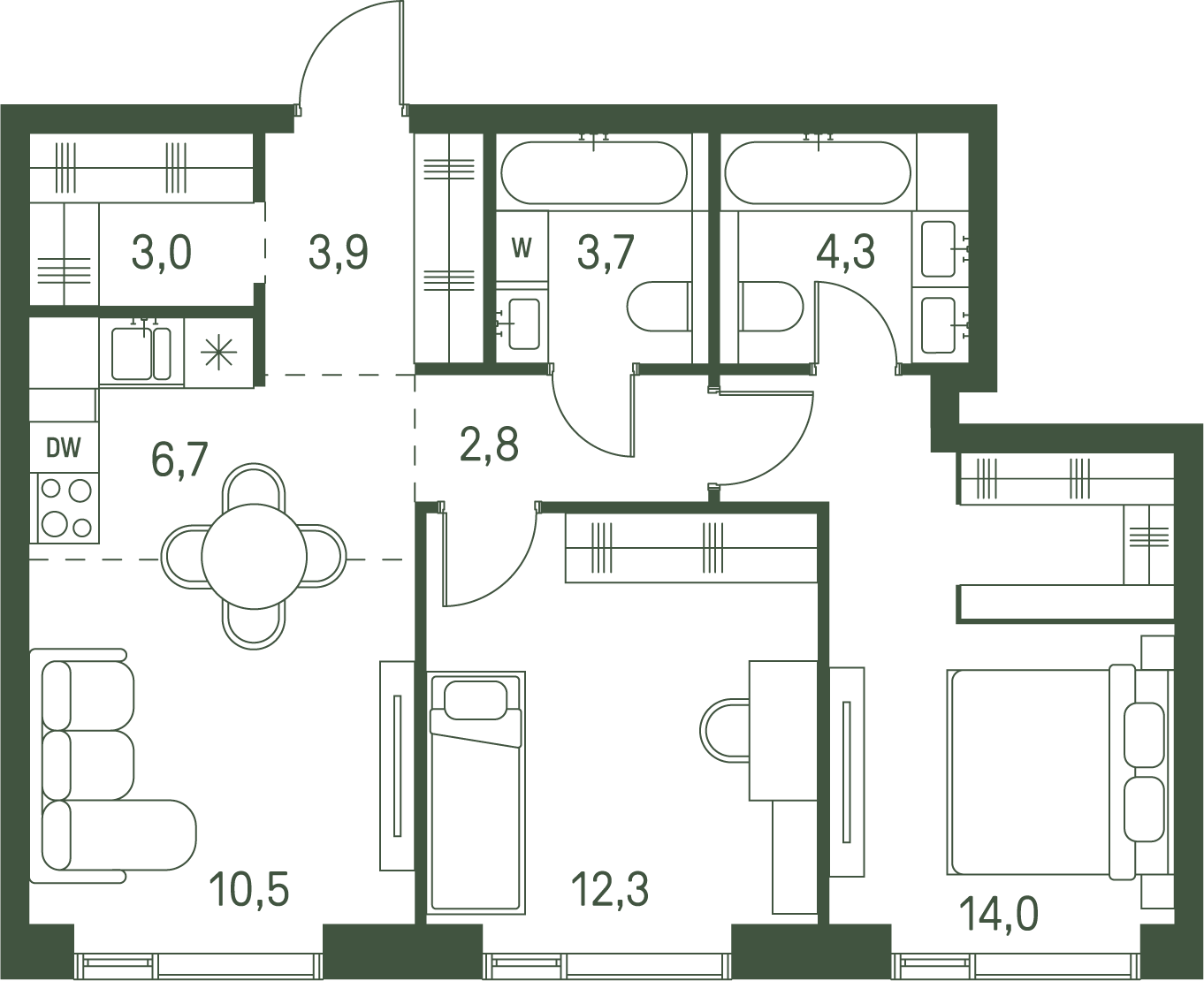 2 комн. квартира, 61.2 м², 26 этаж 