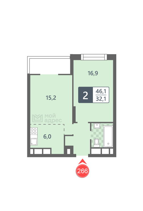 1 комн. квартира, 46.1 м², 24 этаж 