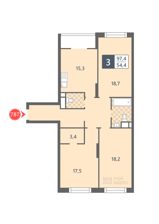 3 комн. квартира, 97.4 м², 3 этаж 