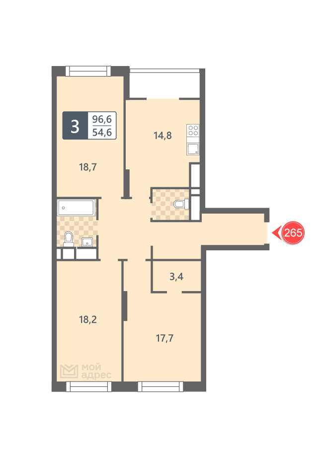 3 комн. квартира, 96.6 м², 24 этаж 