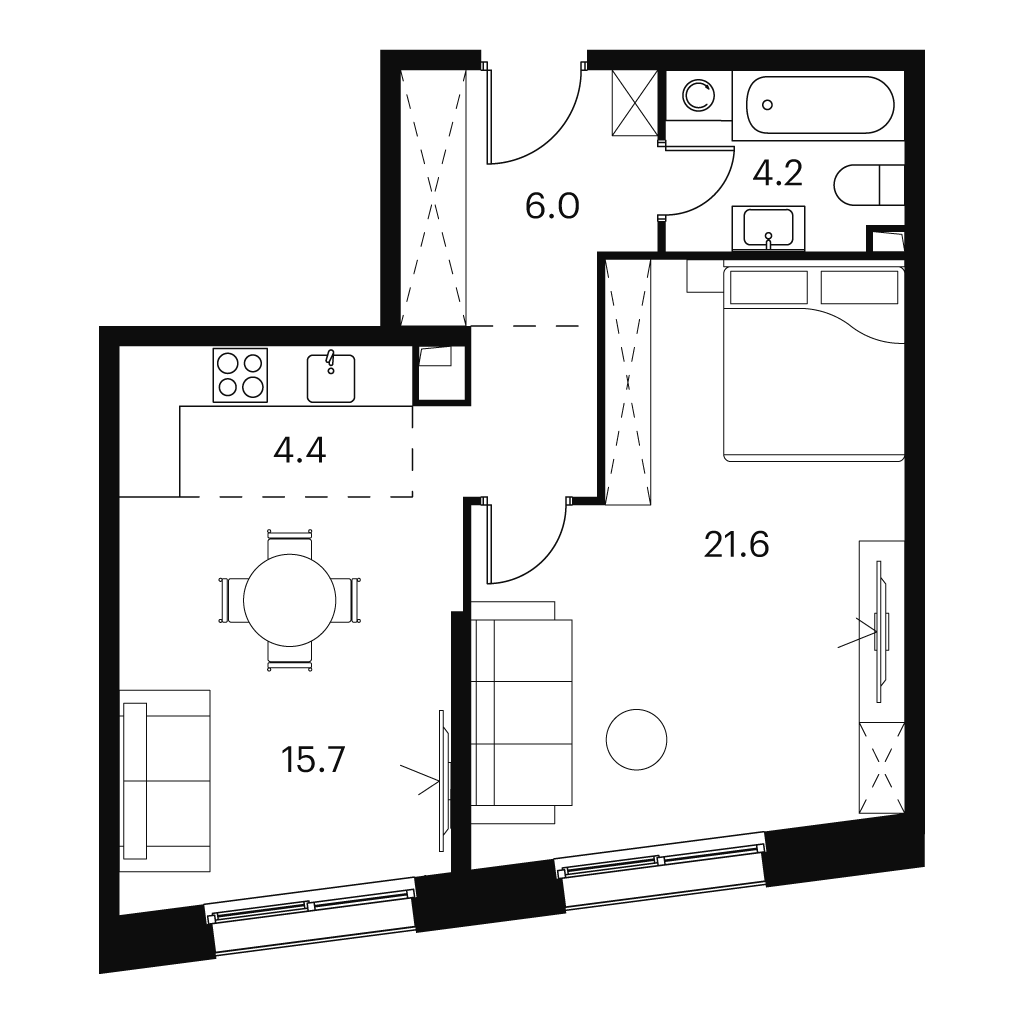 2 комн. квартира, 51.9 м², 2 этаж 
