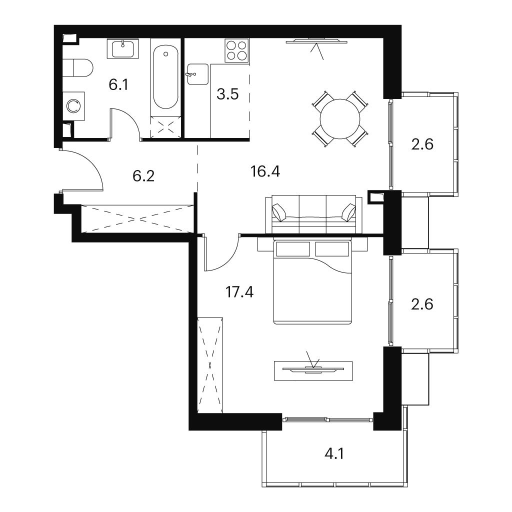 2 комн. квартира, 58.9 м², 15 этаж 
