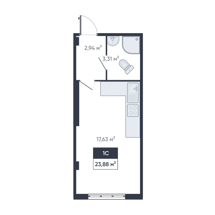 студия, 23.7 м², 1 этаж 