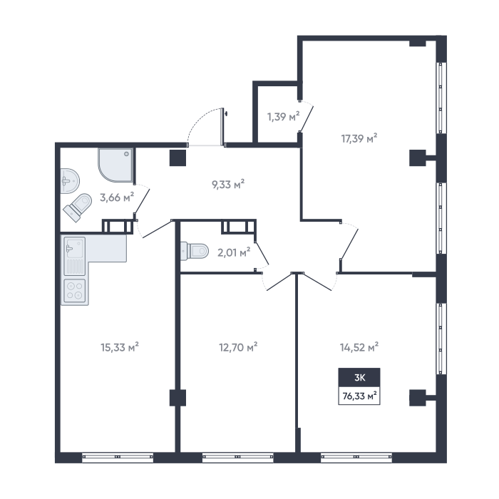 3 комн. квартира, 77.5 м², 8 этаж 