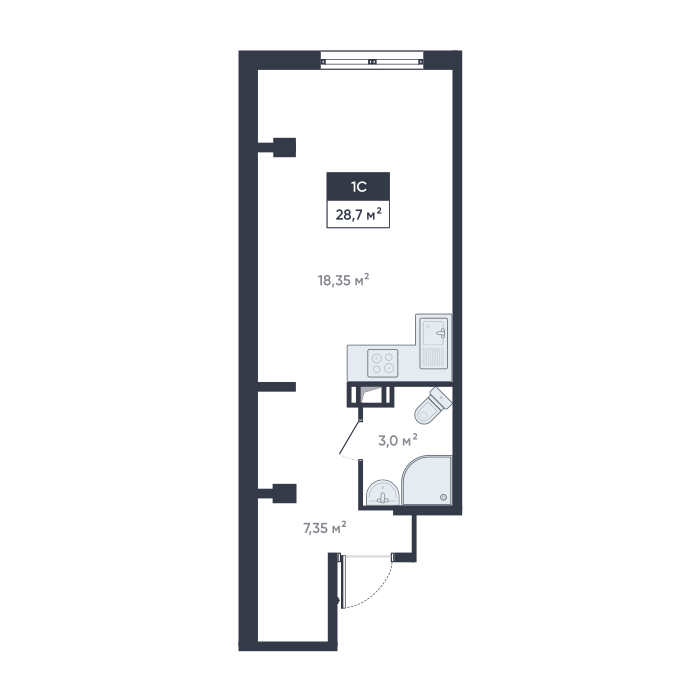 студия, 28.7 м², 16 этаж 
