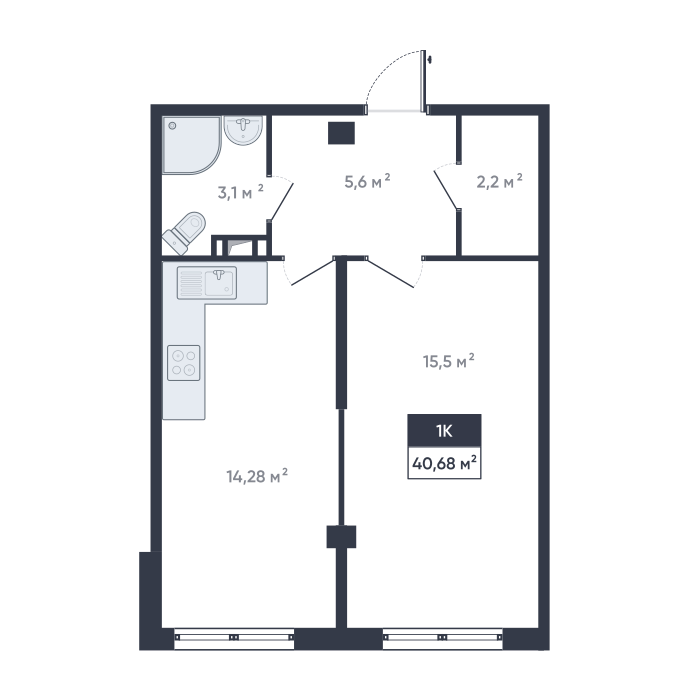 1 комн. квартира, 40.7 м², 14 этаж 