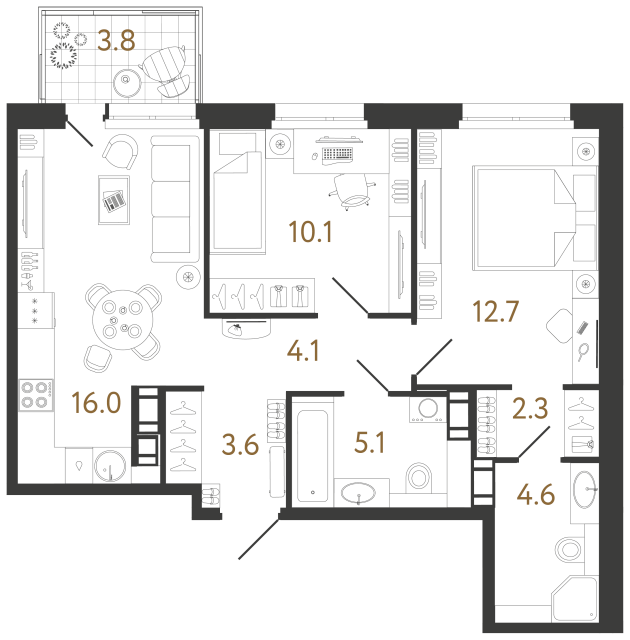 2 комн. квартира, 58.5 м², 8 этаж 