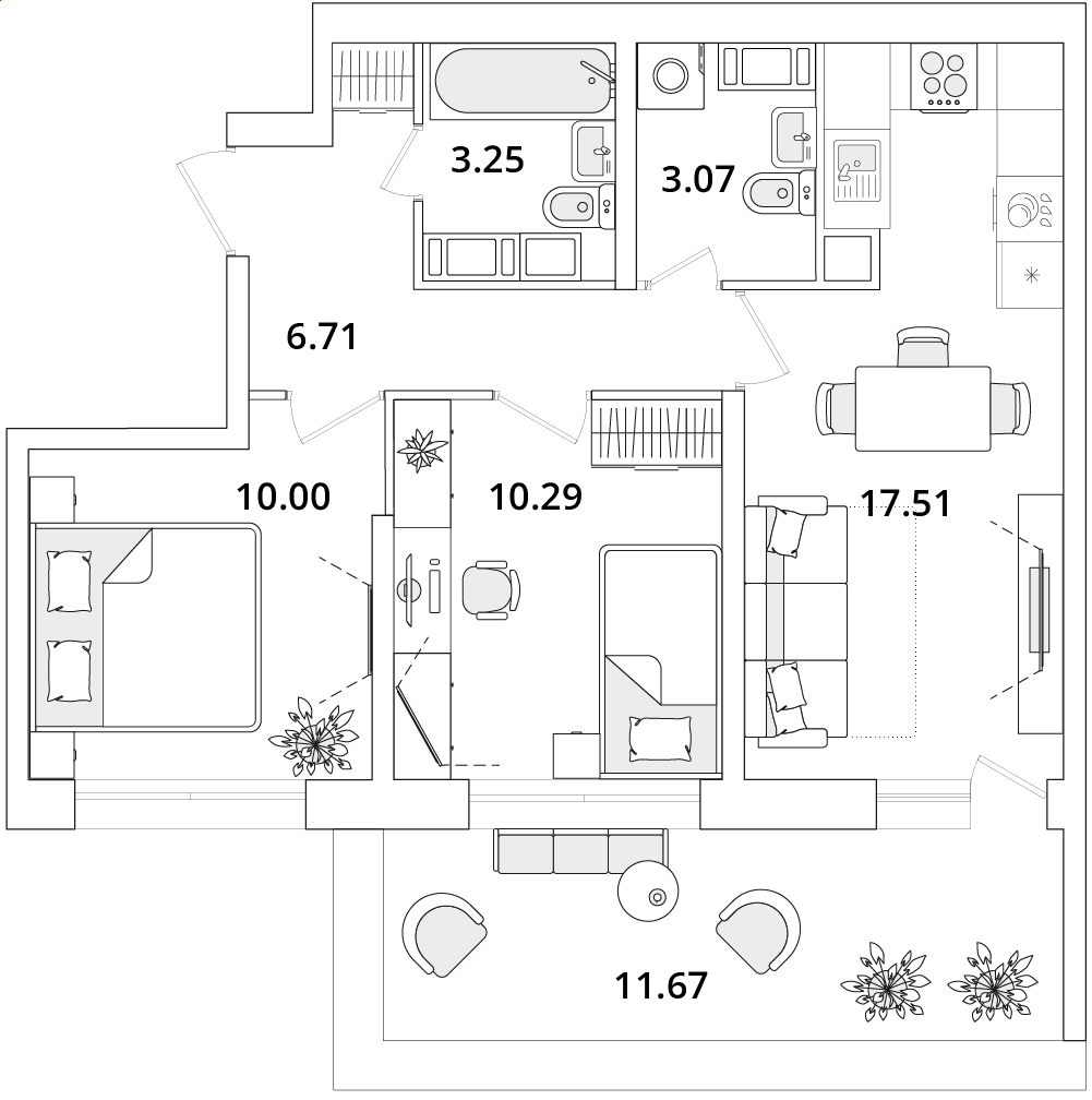 2 комн. квартира, 53.8 м², 16 этаж 