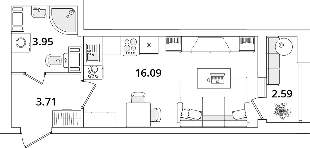 студия, 24.9 м², 14 этаж 