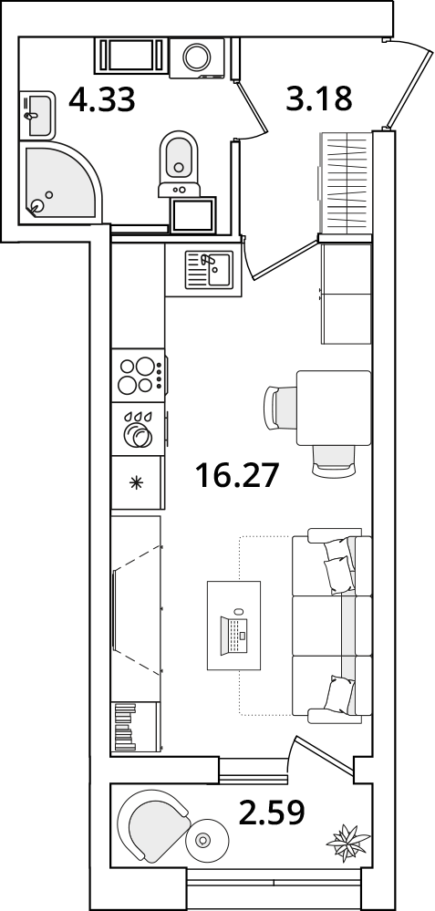 студия, 25.1 м², 15 этаж 