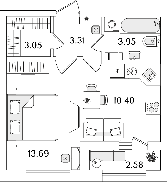 1 комн. квартира, 35.7 м², 12 этаж 