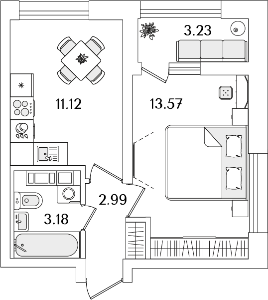 1 комн. квартира, 32.5 м², 20 этаж 