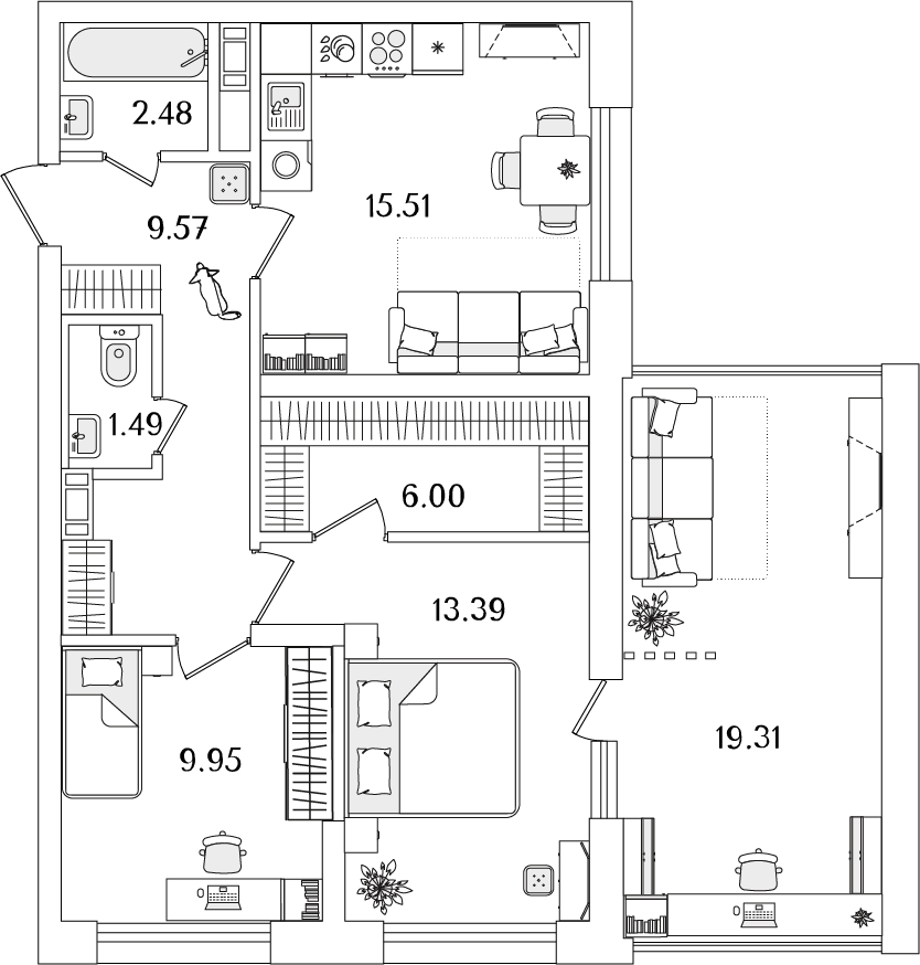 2 комн. квартира, 64.2 м², 8 этаж 