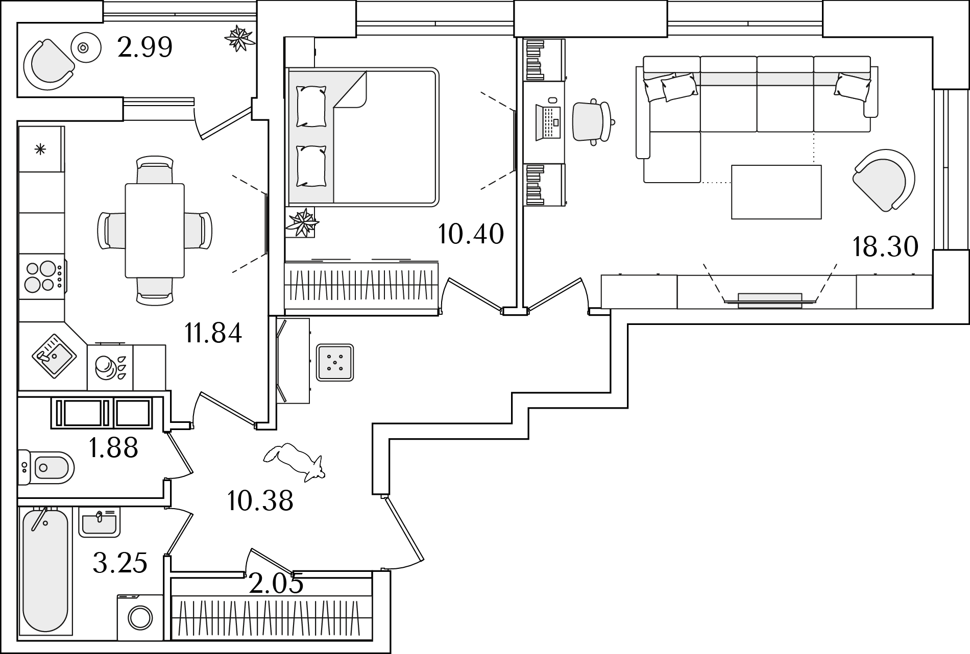 2 комн. квартира, 59.6 м², 13 этаж 