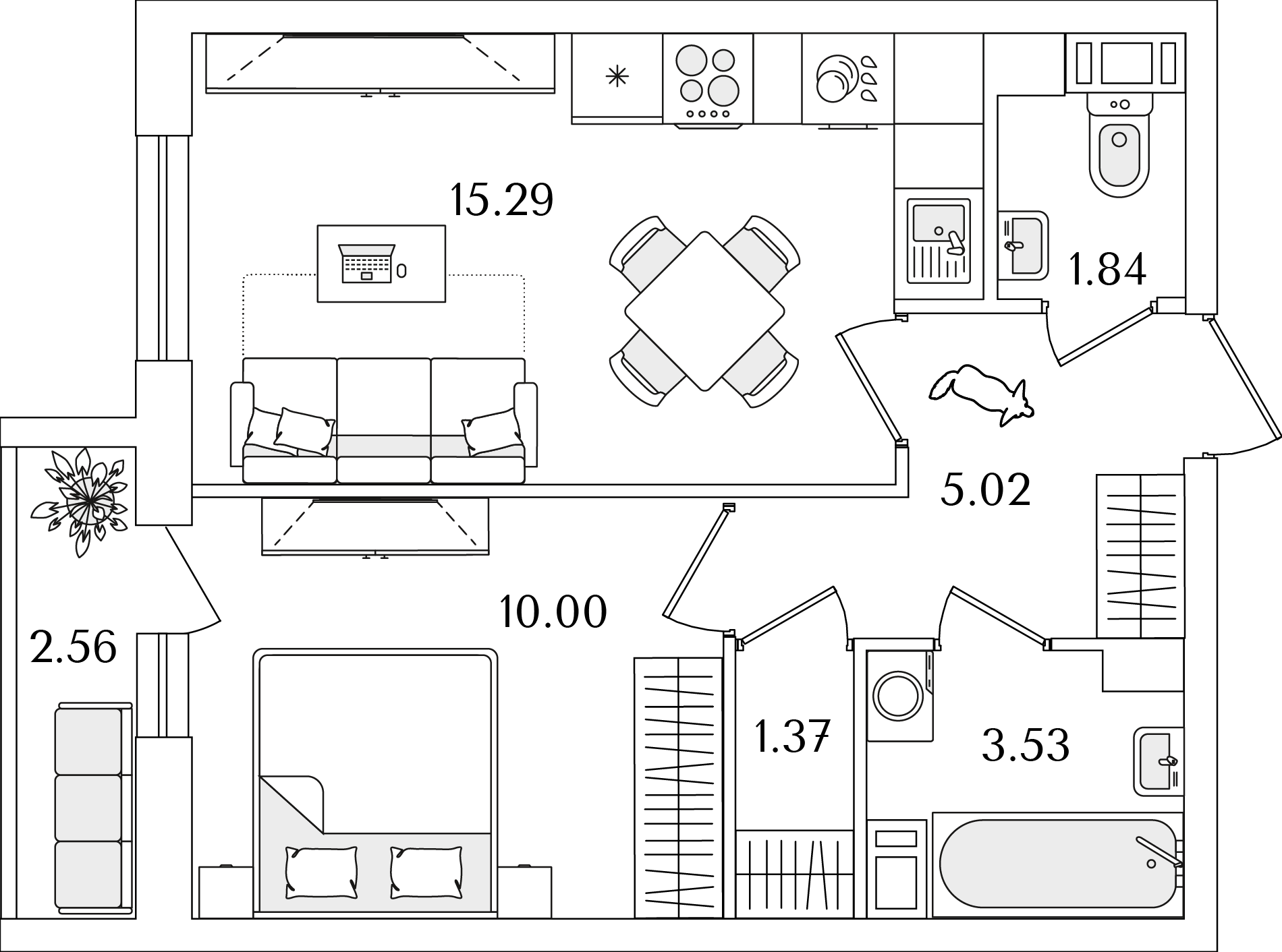 1 комн. квартира, 38.3 м², 5 этаж 