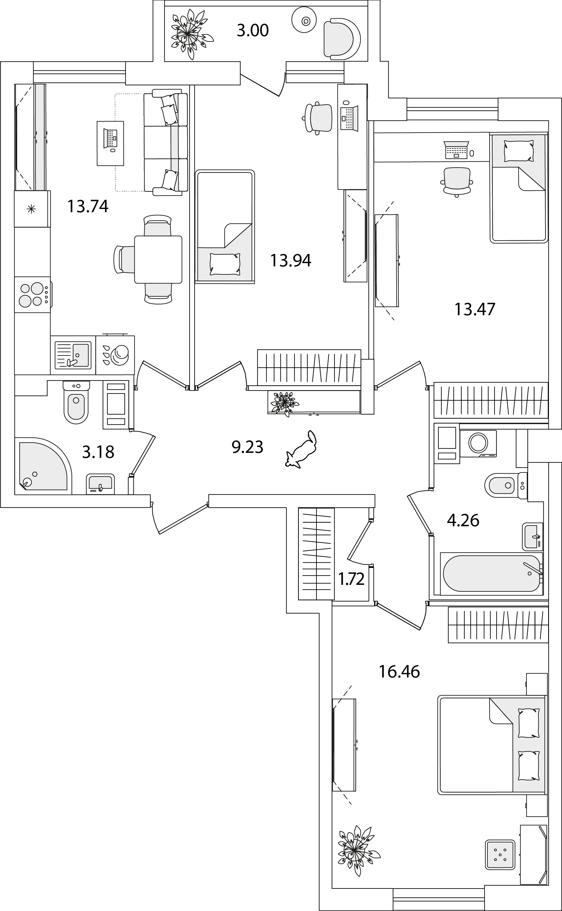 3 комн. квартира, 77.5 м², 7 этаж 