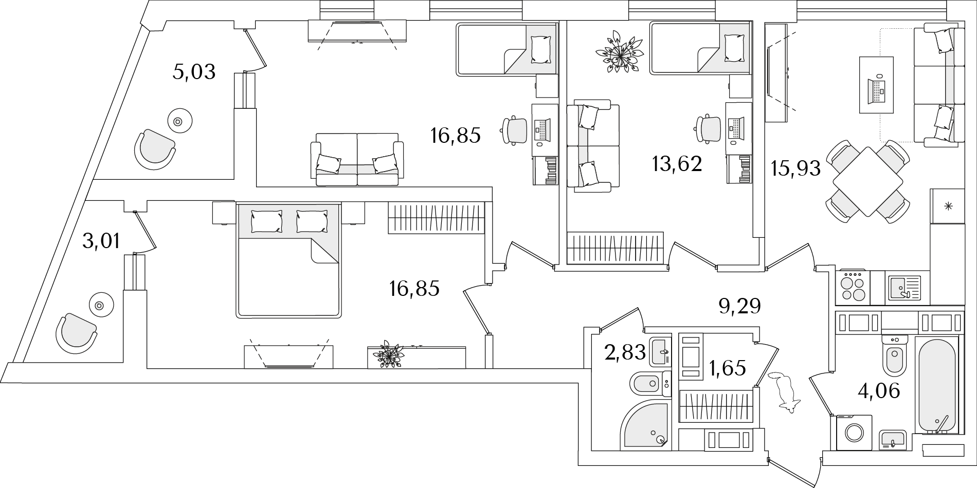 3 комн. квартира, 85.1 м², 17 этаж 