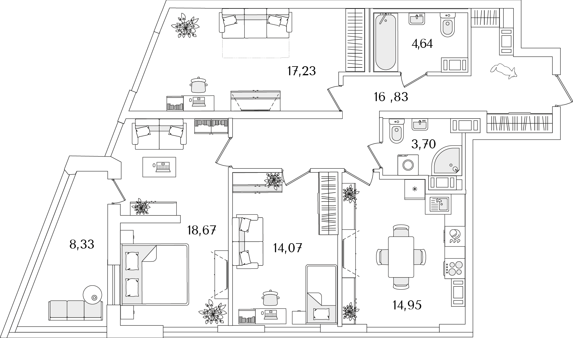 3 комн. квартира, 94.3 м², 16 этаж 
