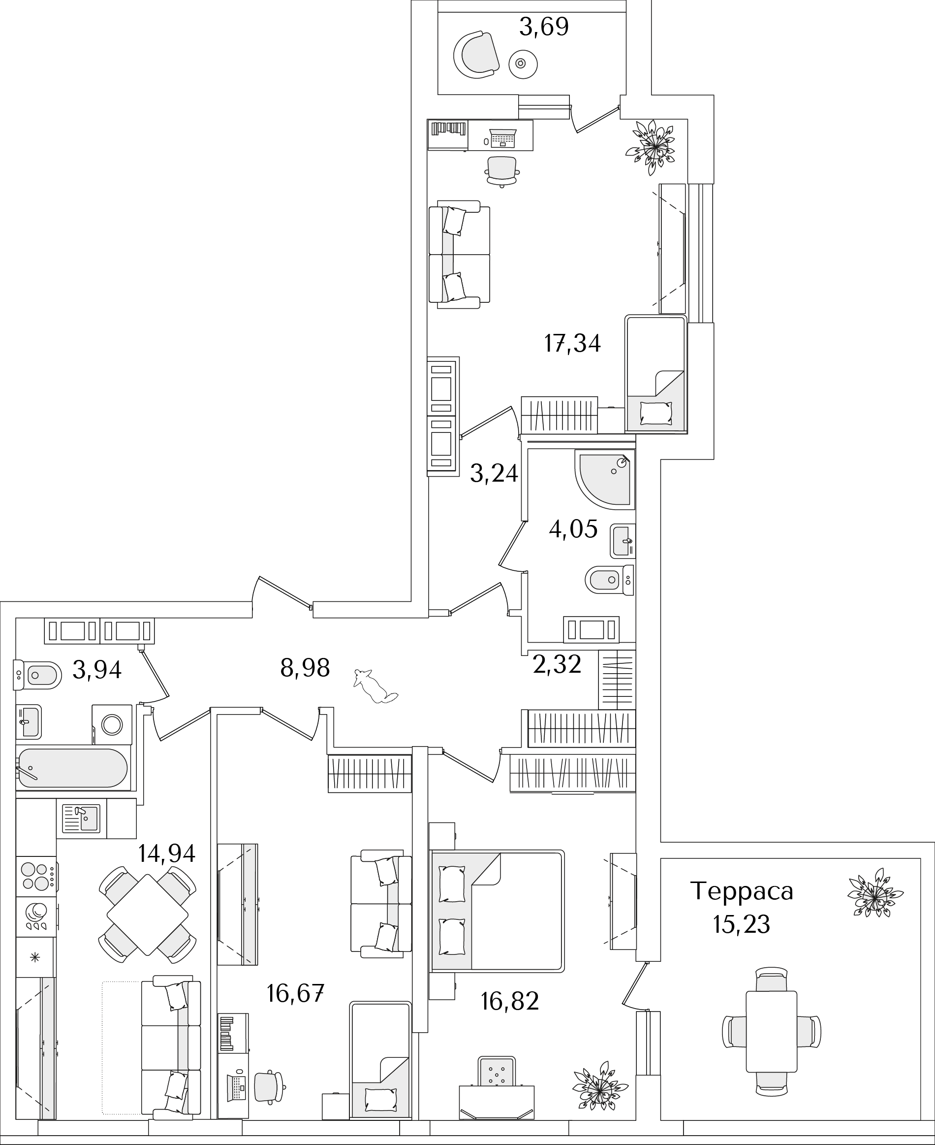 3 комн. квартира, 94.7 м², 13 этаж 