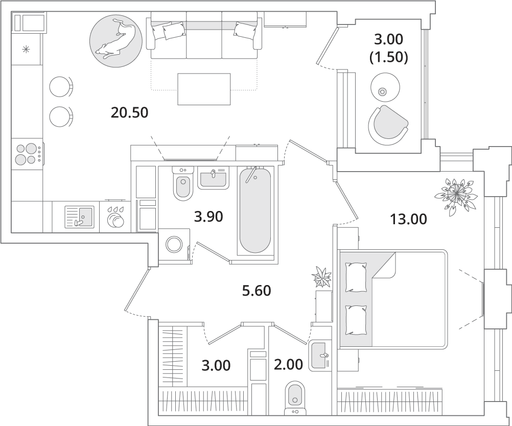 1 комн. квартира, 49.3 м², 13 этаж 