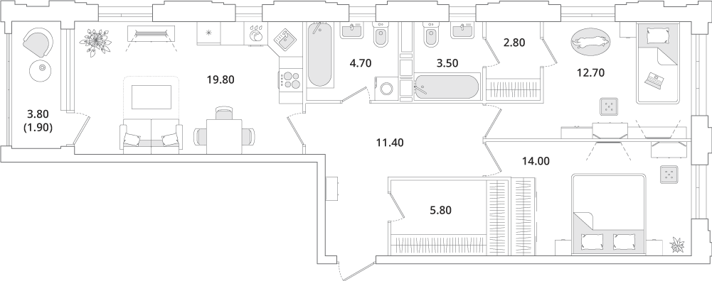 2 комн. квартира, 76.4 м², 5 этаж 