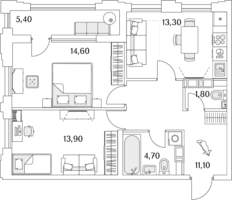 2 комн. квартира, 62.1 м², 11 этаж 