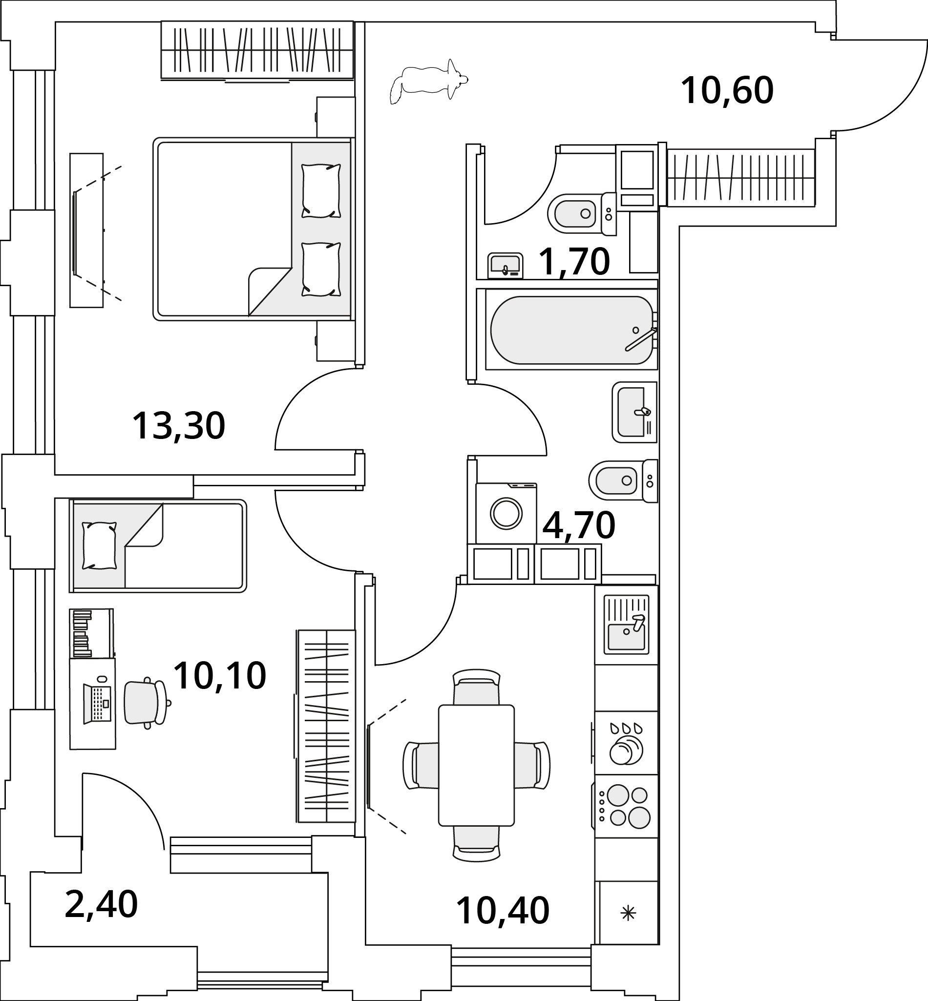 2 комн. квартира, 52 м², 11 этаж 
