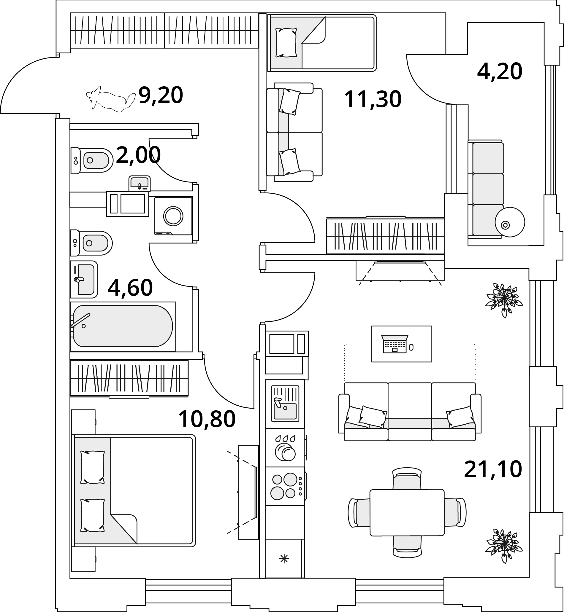 2 комн. квартира, 61.1 м², 13 этаж 