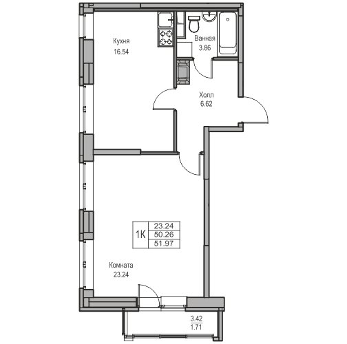 1 комн. квартира, 52 м², 5 этаж 