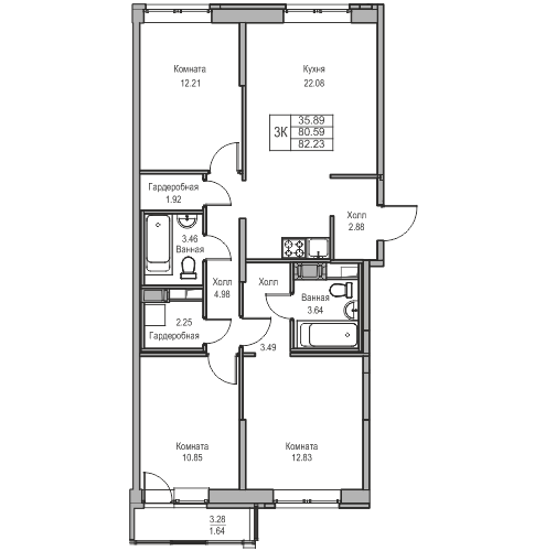 2 комн. квартира, 82.2 м², 9 этаж 