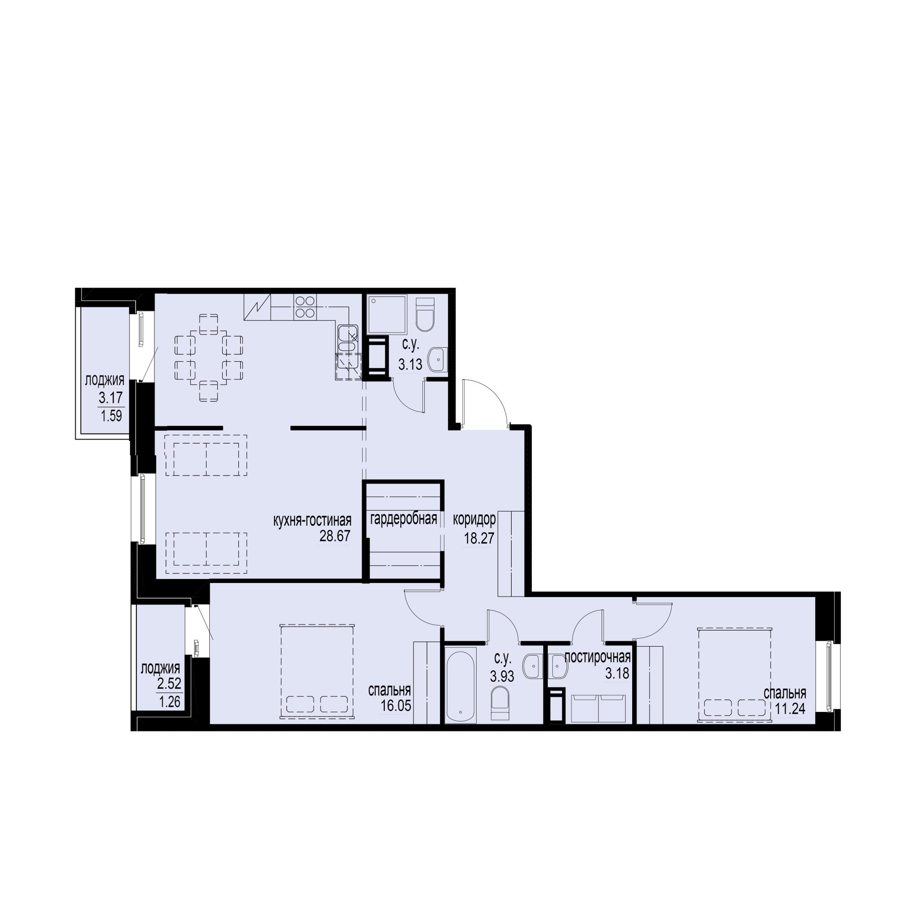 2 комн. квартира, 87.3 м², 3 этаж 