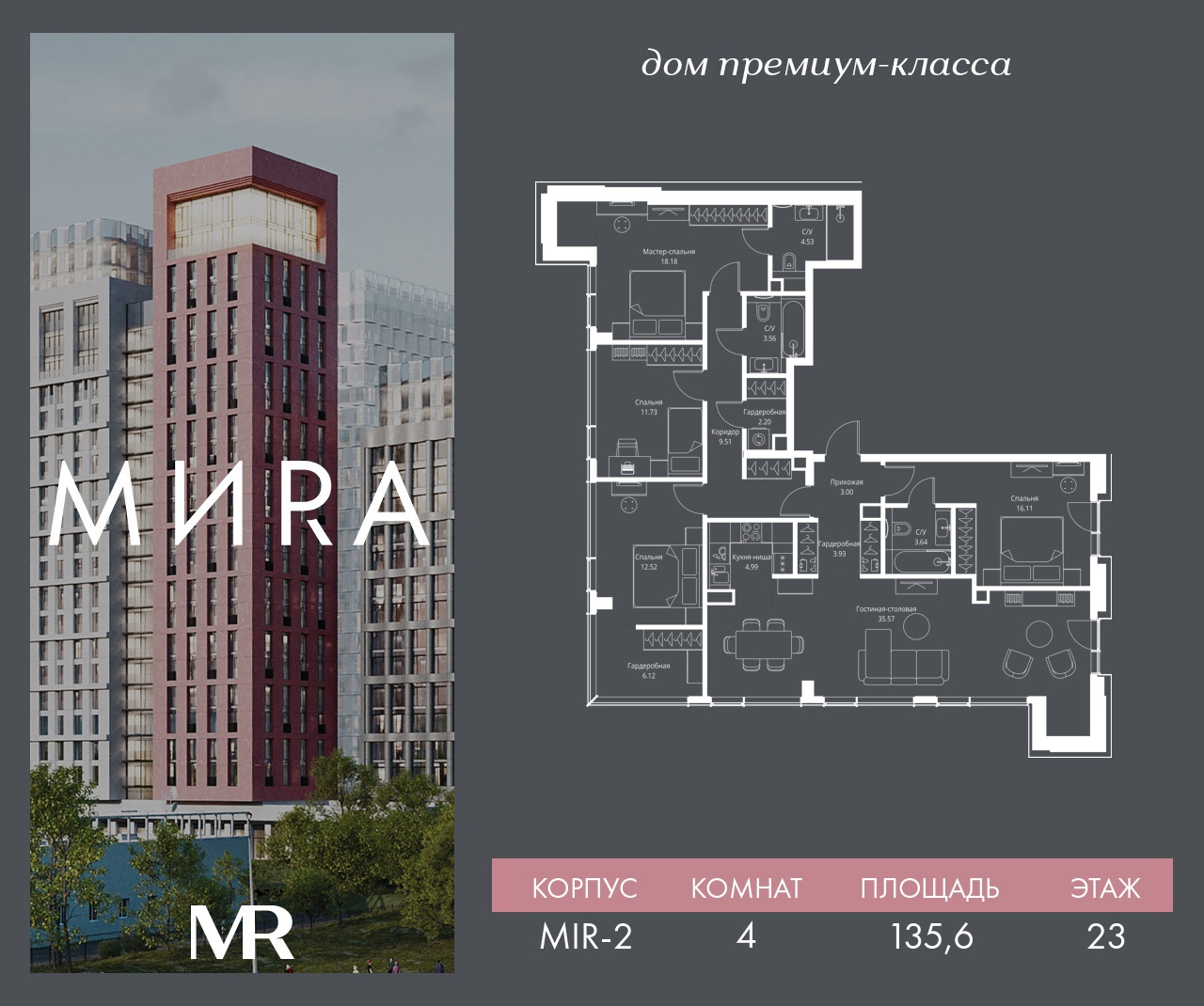 4 комн. квартира, 135.6 м², 23 этаж  (из 23)