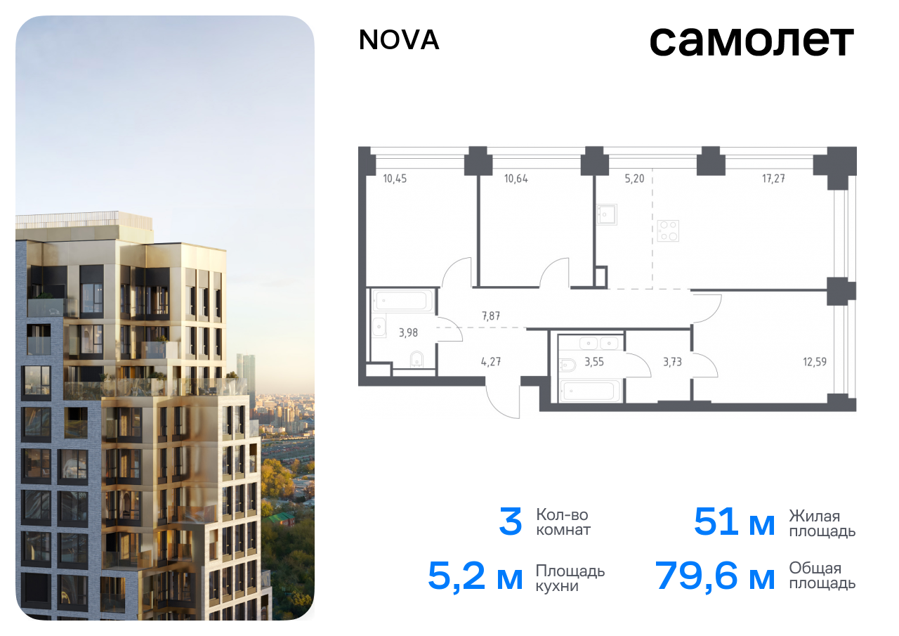 3 комн. квартира, 79.5 м², 15 этаж  (из 32)