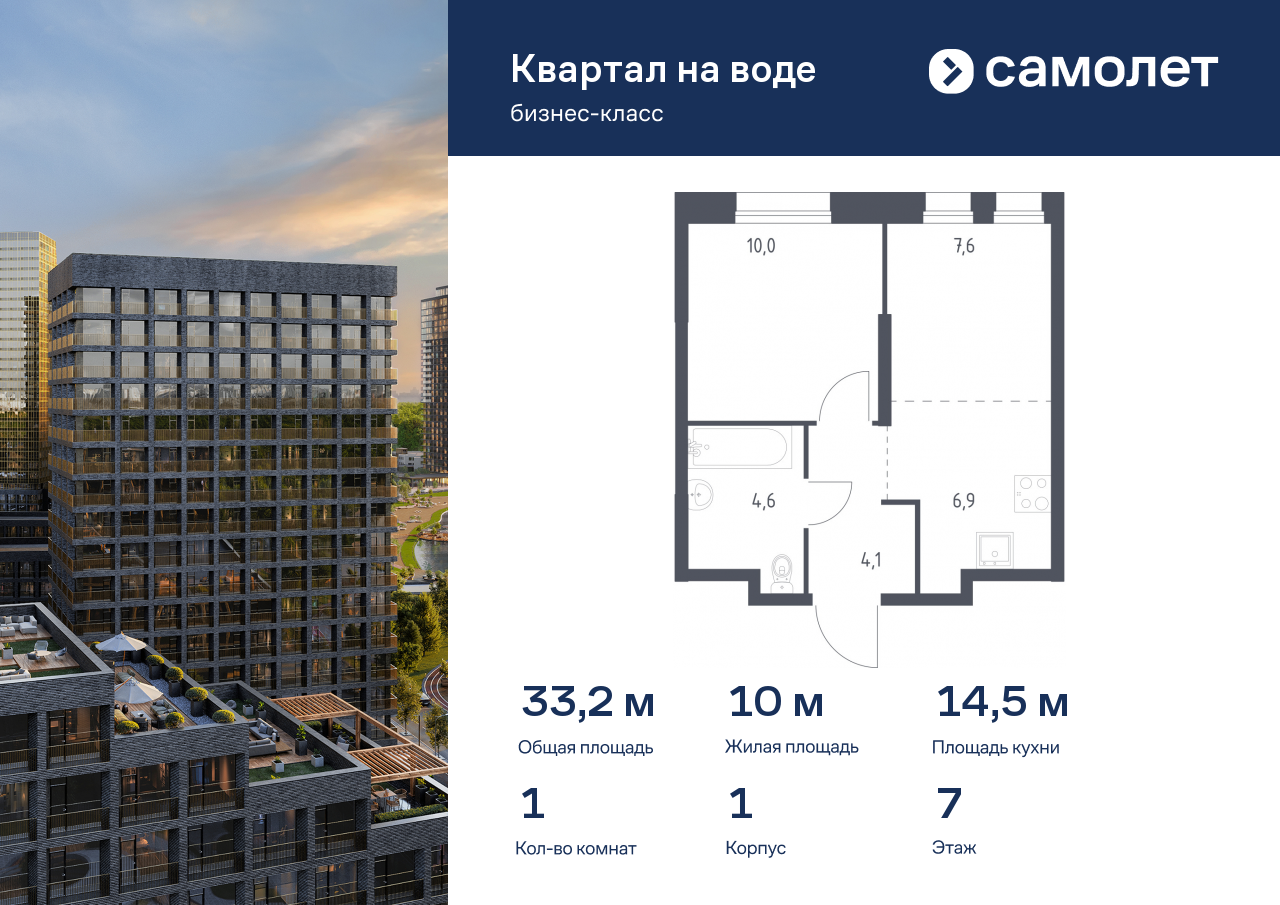 1 комн. квартира, 33.2 м², 7 этаж  (из 7)