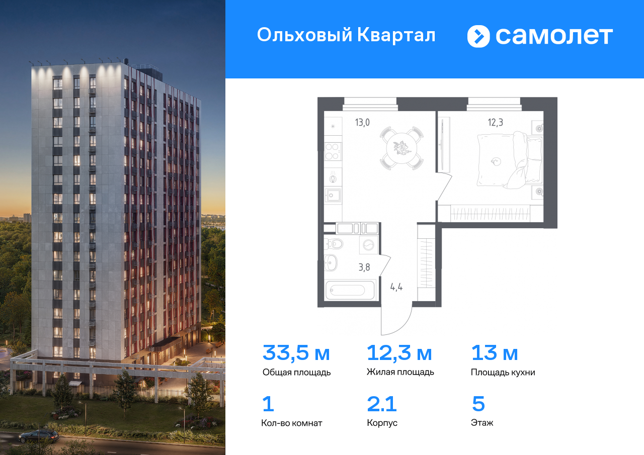 1 комн. квартира, 33.5 м², 5 этаж  (из 16)