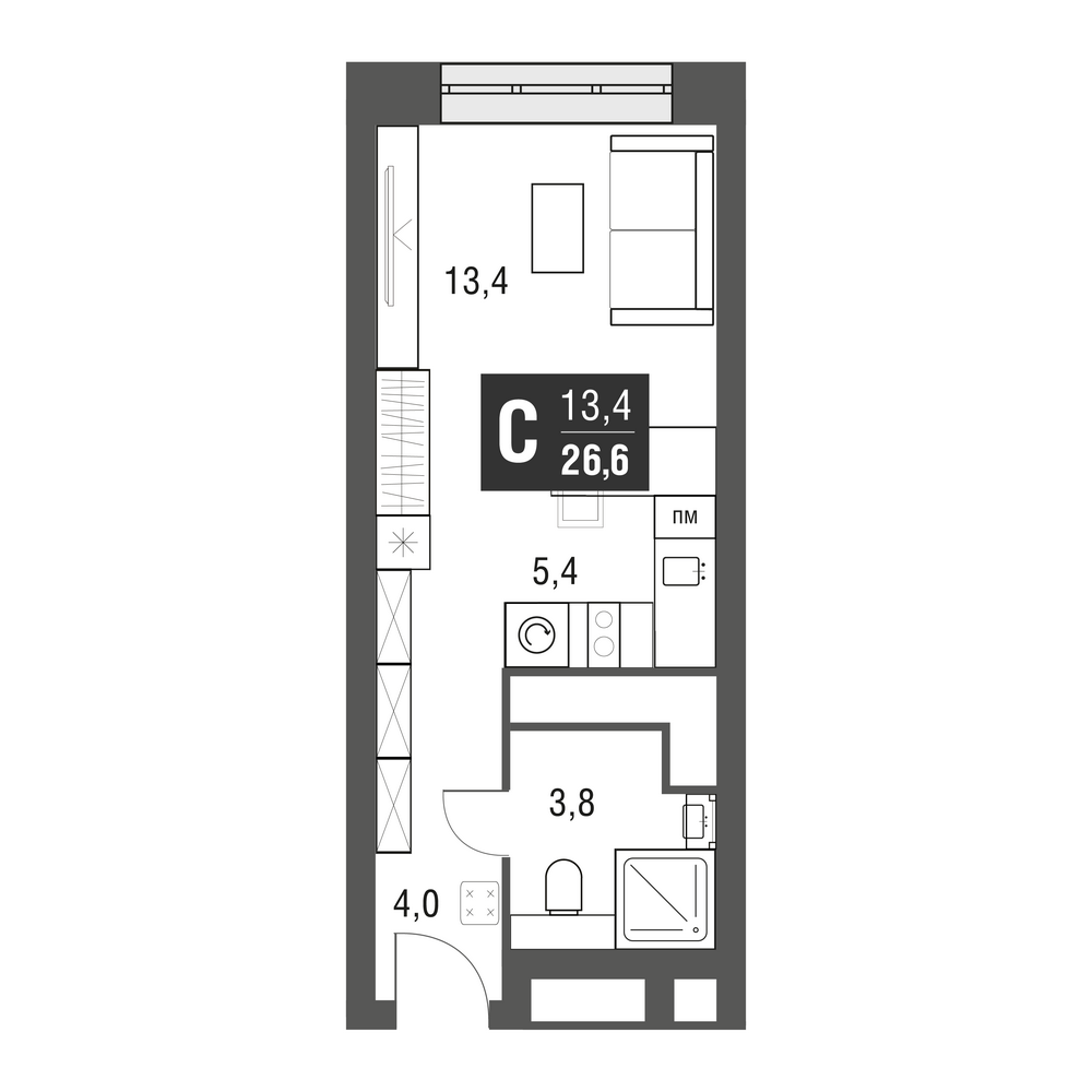 студия, 26.2 м², 45 этаж 