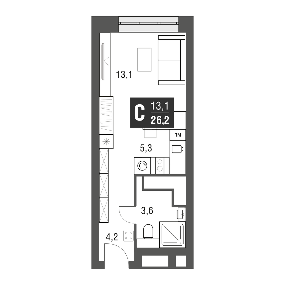 студия, 26 м², 42 этаж 