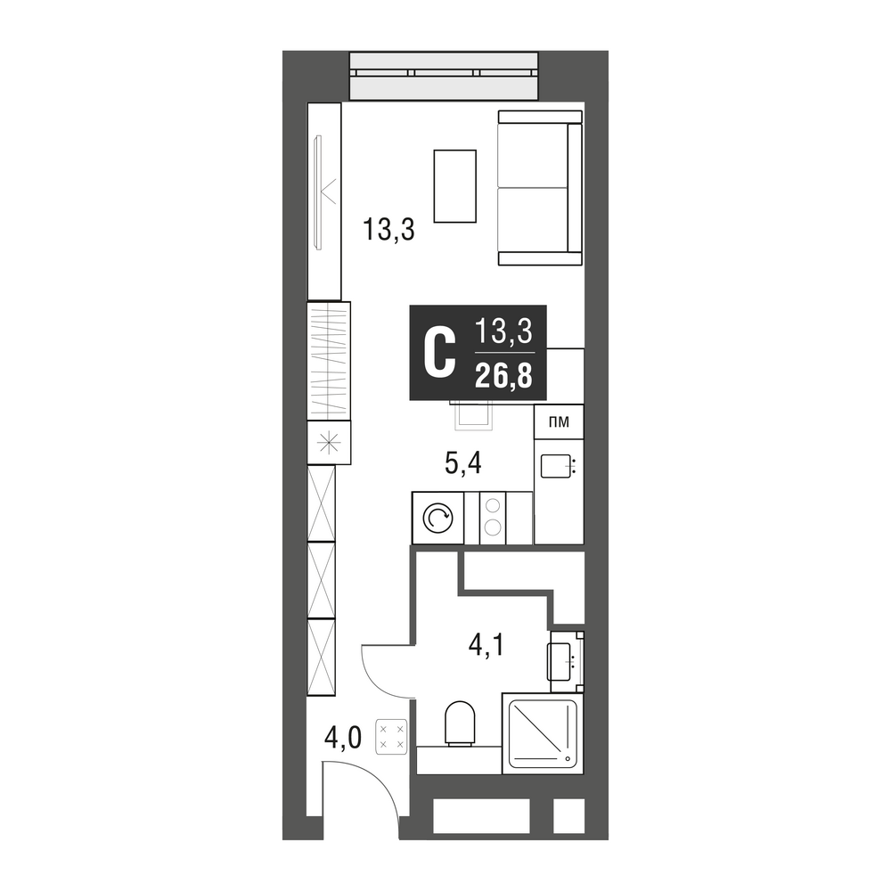 студия, 26.4 м², 24 этаж 