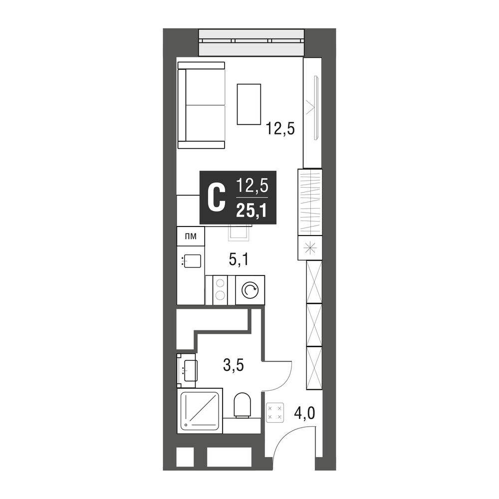 студия, 24.7 м², 43 этаж 