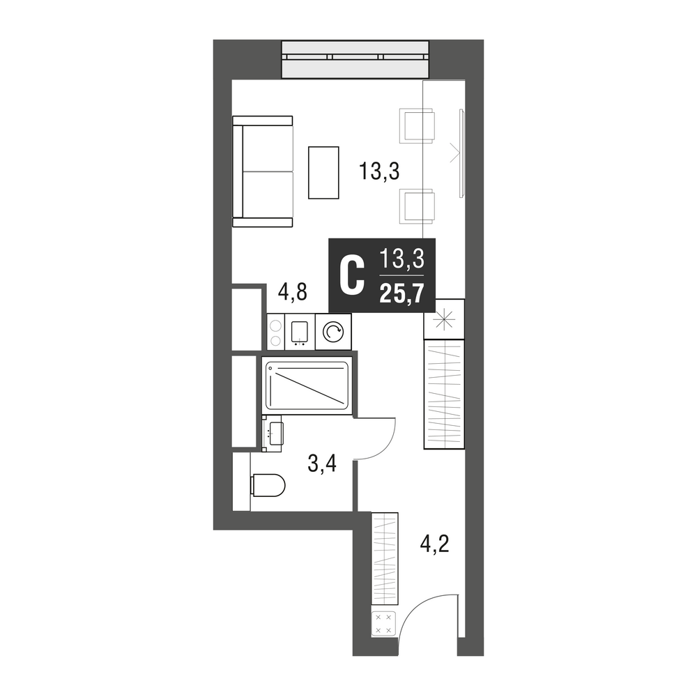 студия, 25.3 м², 40 этаж 