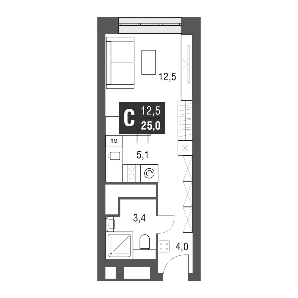 студия, 24.5 м², 52 этаж 