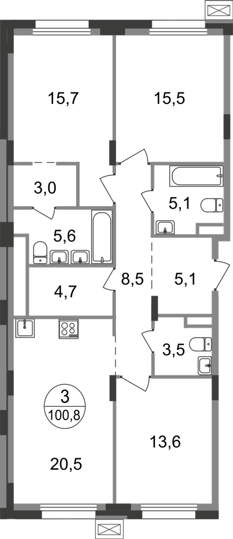 3 комн. квартира, 100.8 м², 2 этаж  (из 9)