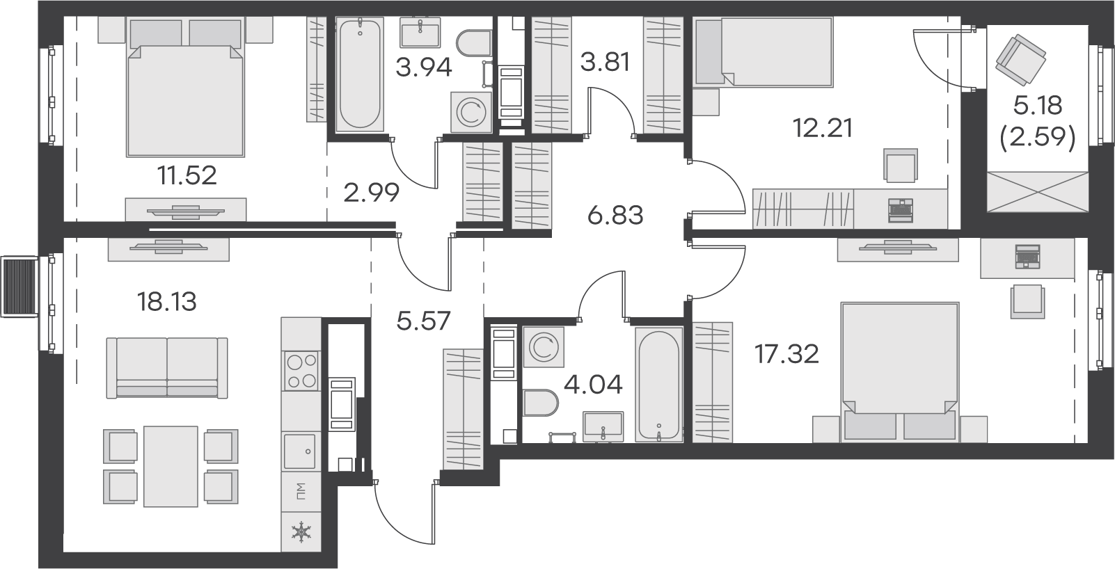 2 комн. квартира, 92.5 м², 7 этаж 