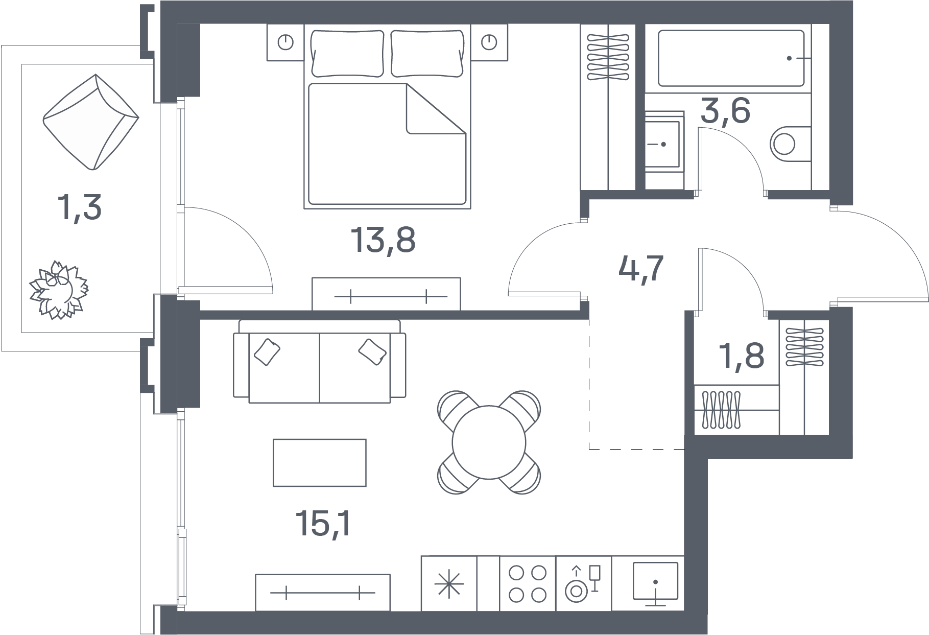 1 комн. квартира, 40.3 м², 8 этаж 